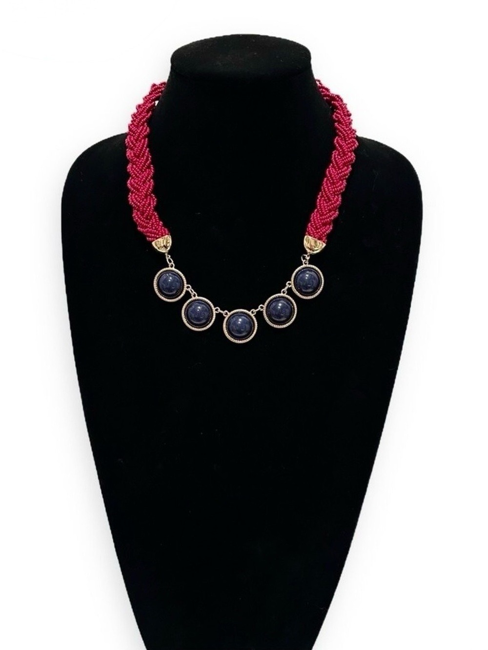 Talbots Gold Magenta Braided Bead Bib Necklace Navy Cabochons